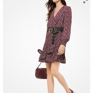 Leaf Print Ruffled Crepe Dress